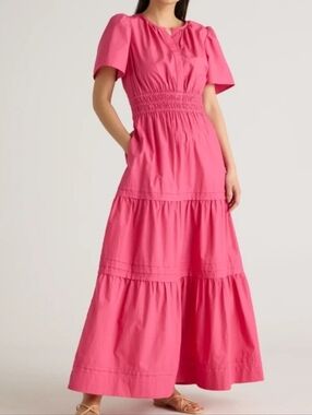 Quince Poplin Pink Short-Sleeve Tiered Maxi Dress Large